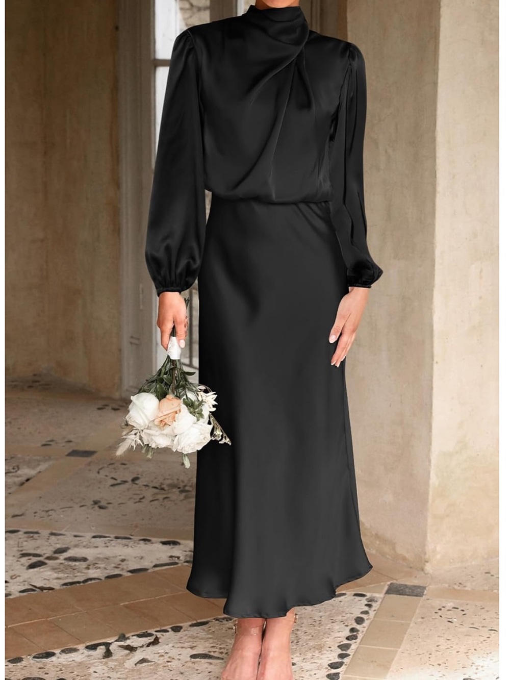 Elegant Black Satin Long Sleeve Midi Dress